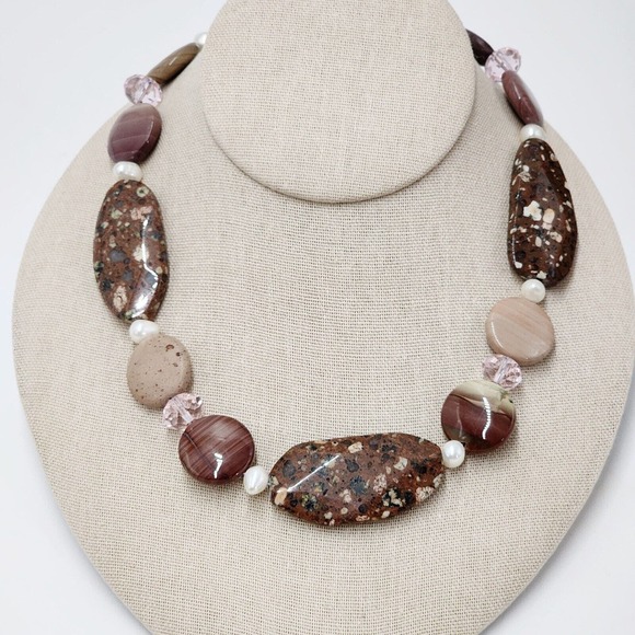 Natural Brown Rhyolite Agate And Genuine Pearl Chunky Statement Necklace 16" - Picture 1 of 6